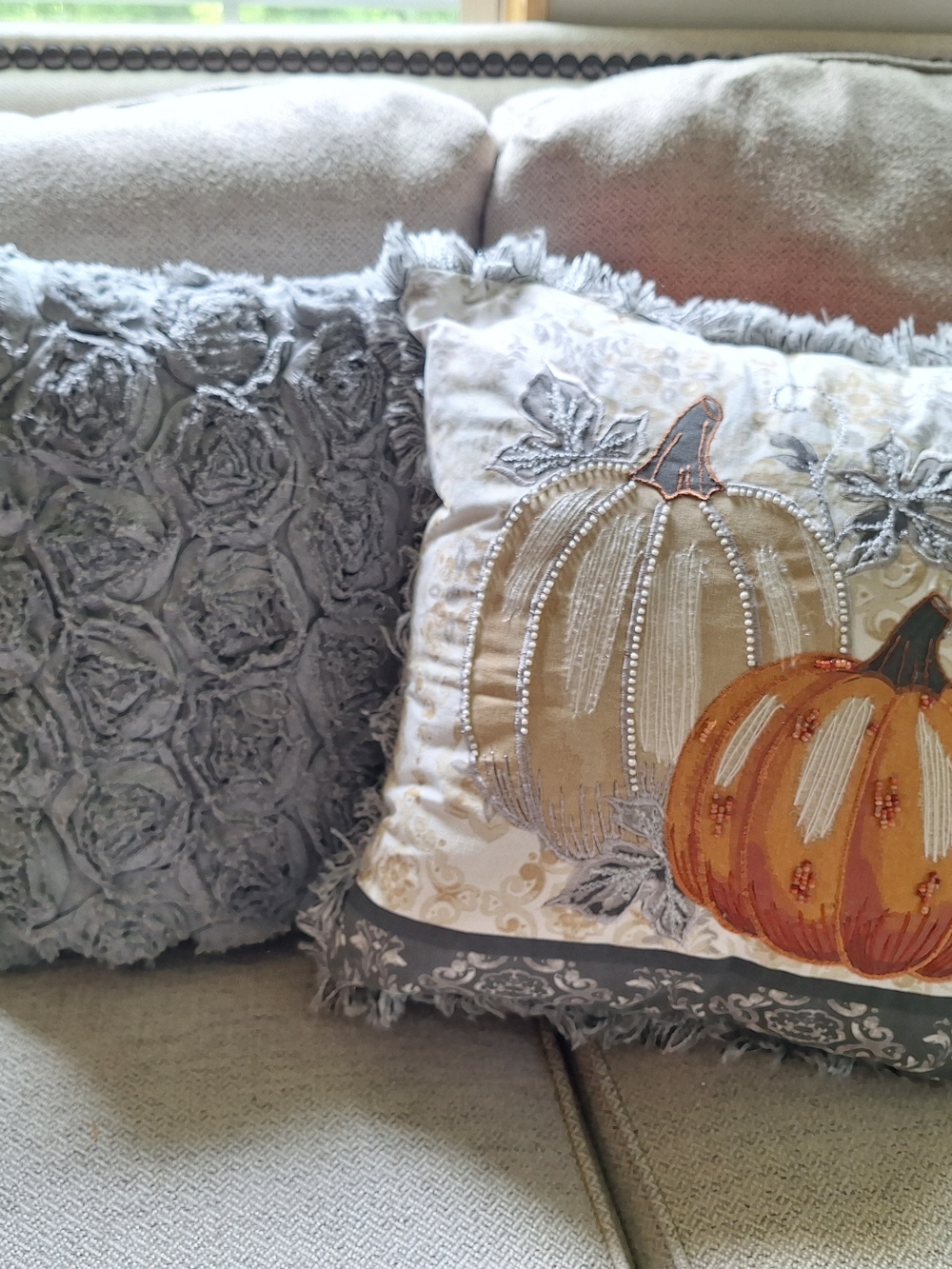 Embroidered Pumpkin Decorative Throw Pillow - Gray & Orange